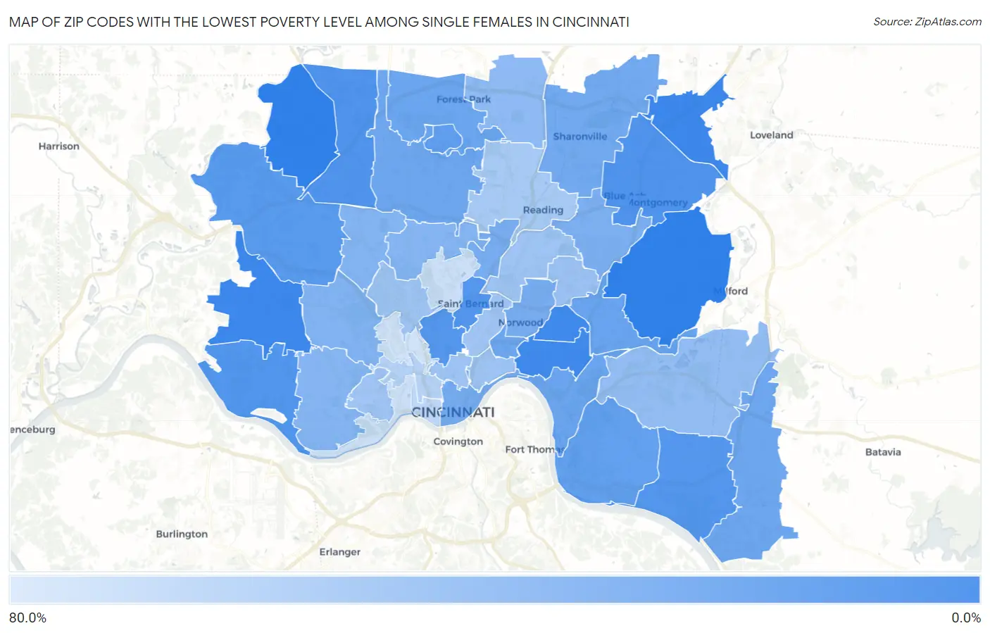 Zip Codes with the Lowest Poverty Level Among Single Females in Cincinnati Map