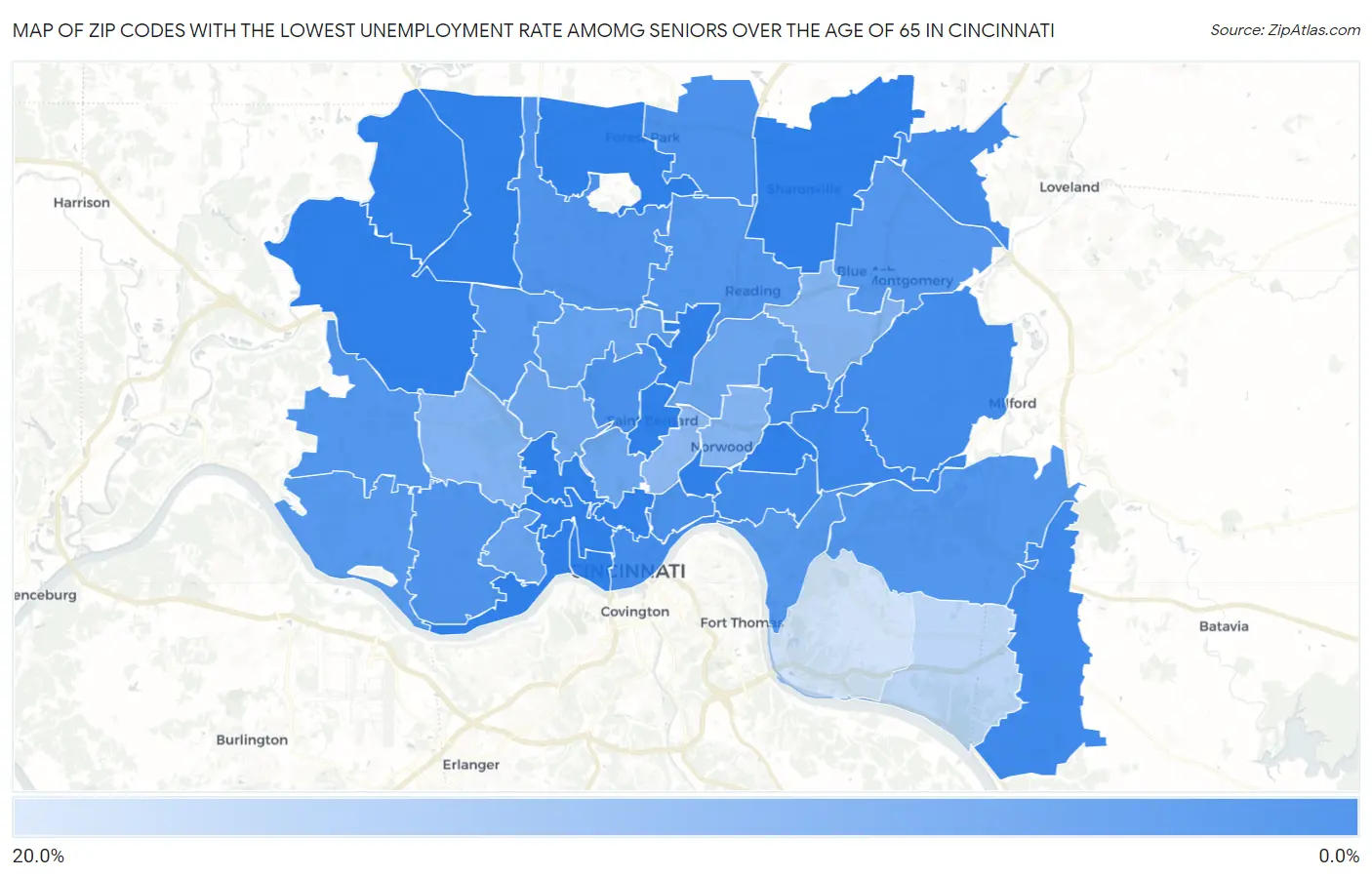 Zip Codes with the Lowest Unemployment Rate Amomg Seniors Over the Age of 65 in Cincinnati Map