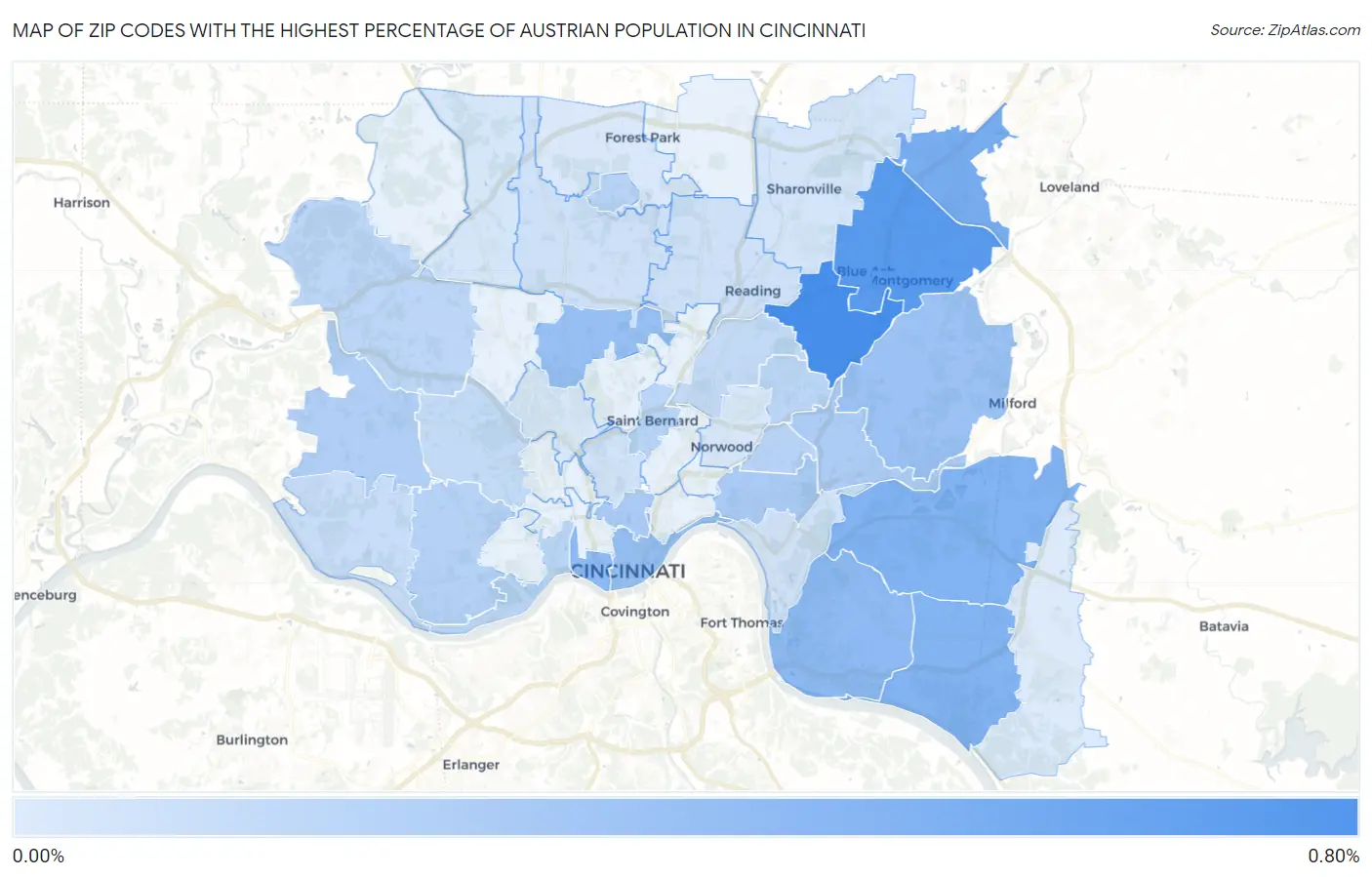 Zip Codes with the Highest Percentage of Austrian Population in Cincinnati Map