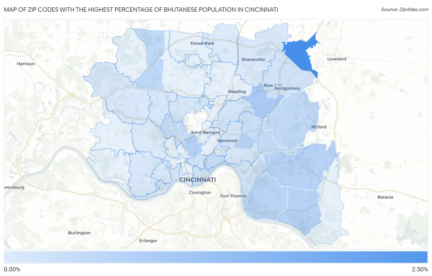 Zip Codes with the Highest Percentage of Bhutanese Population in Cincinnati Map