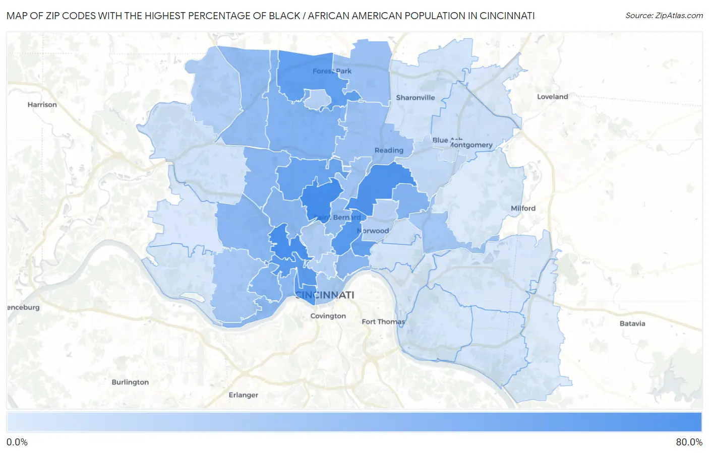 Zip Codes with the Highest Percentage of Black / African American Population in Cincinnati Map