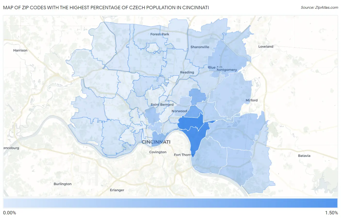 Zip Codes with the Highest Percentage of Czech Population in Cincinnati Map
