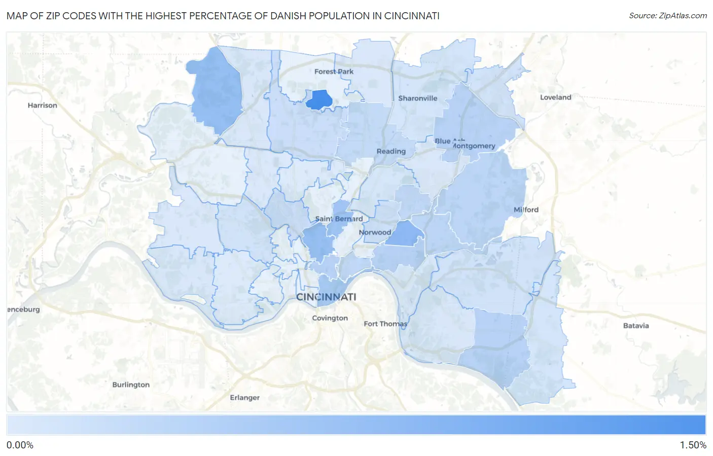 Zip Codes with the Highest Percentage of Danish Population in Cincinnati Map
