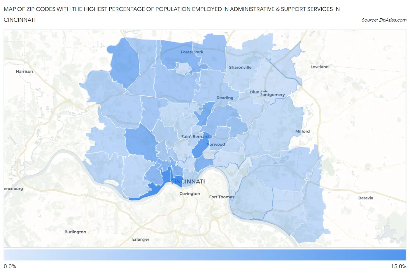 Zip Codes with the Highest Percentage of Population Employed in Administrative & Support Services in Cincinnati Map