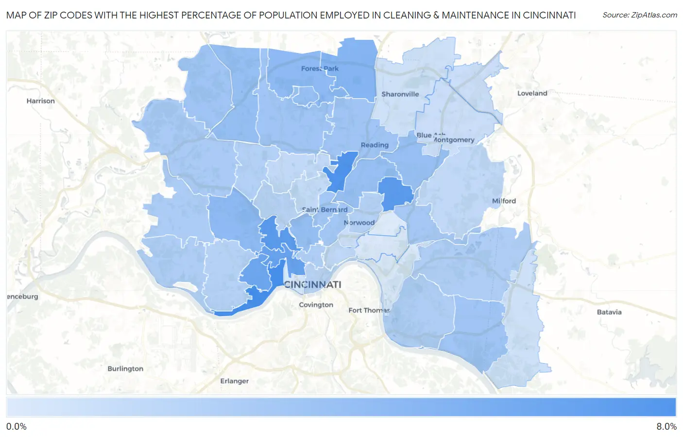 Zip Codes with the Highest Percentage of Population Employed in Cleaning & Maintenance in Cincinnati Map
