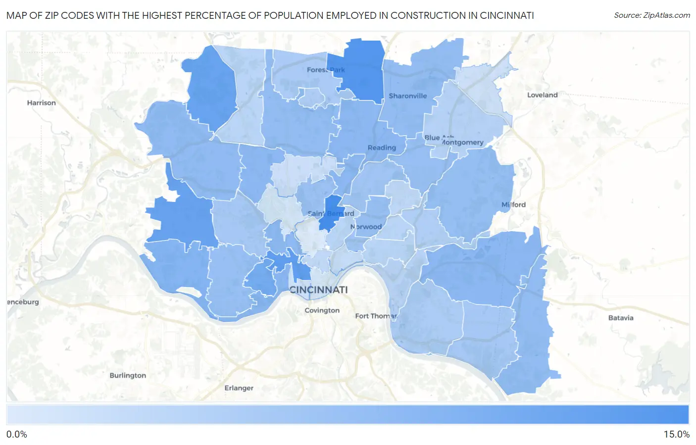 Zip Codes with the Highest Percentage of Population Employed in Construction in Cincinnati Map