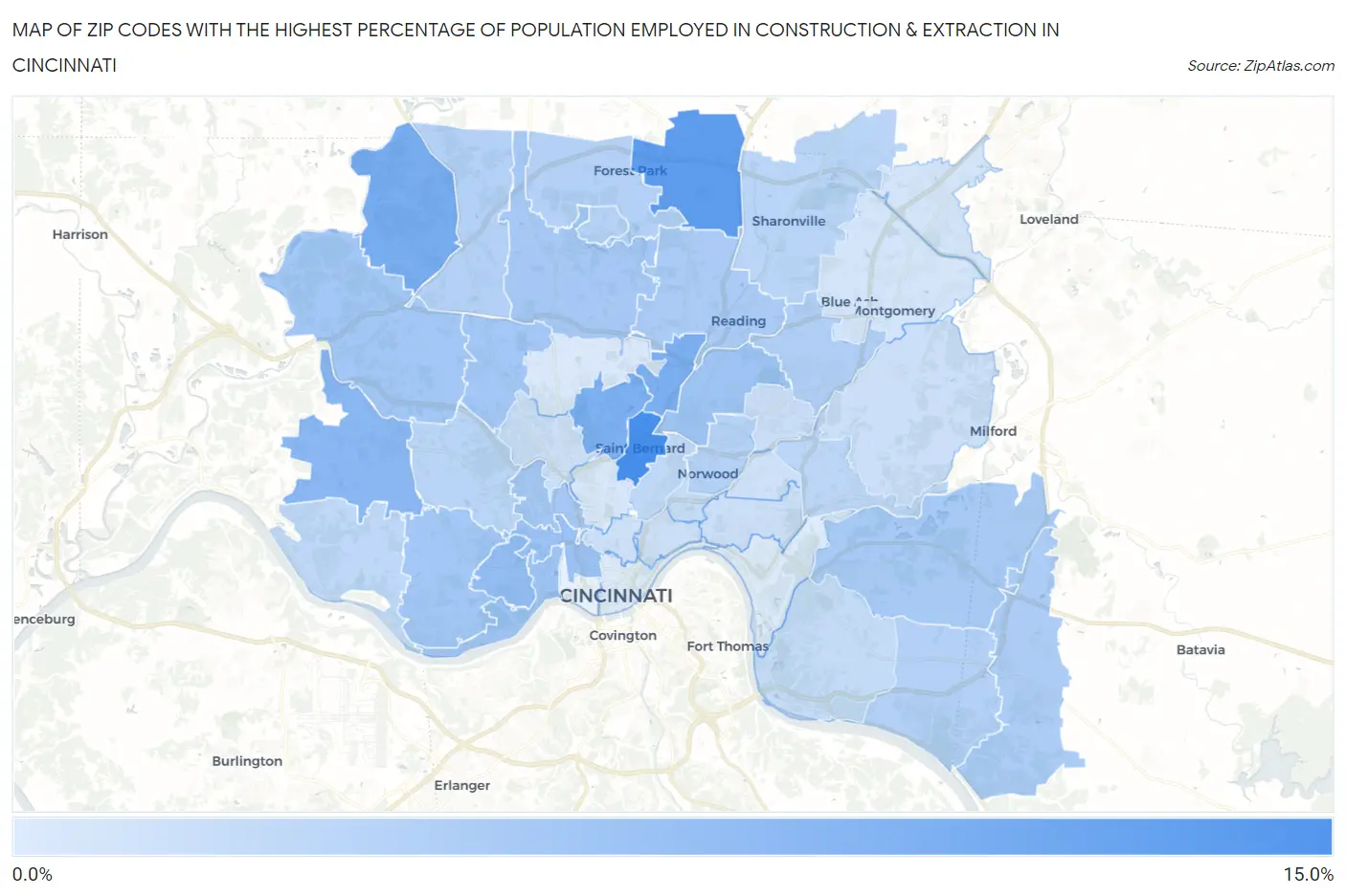 Zip Codes with the Highest Percentage of Population Employed in Construction & Extraction in Cincinnati Map