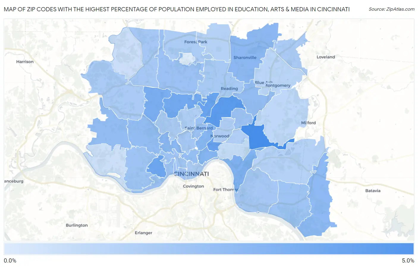 Zip Codes with the Highest Percentage of Population Employed in Education, Arts & Media in Cincinnati Map