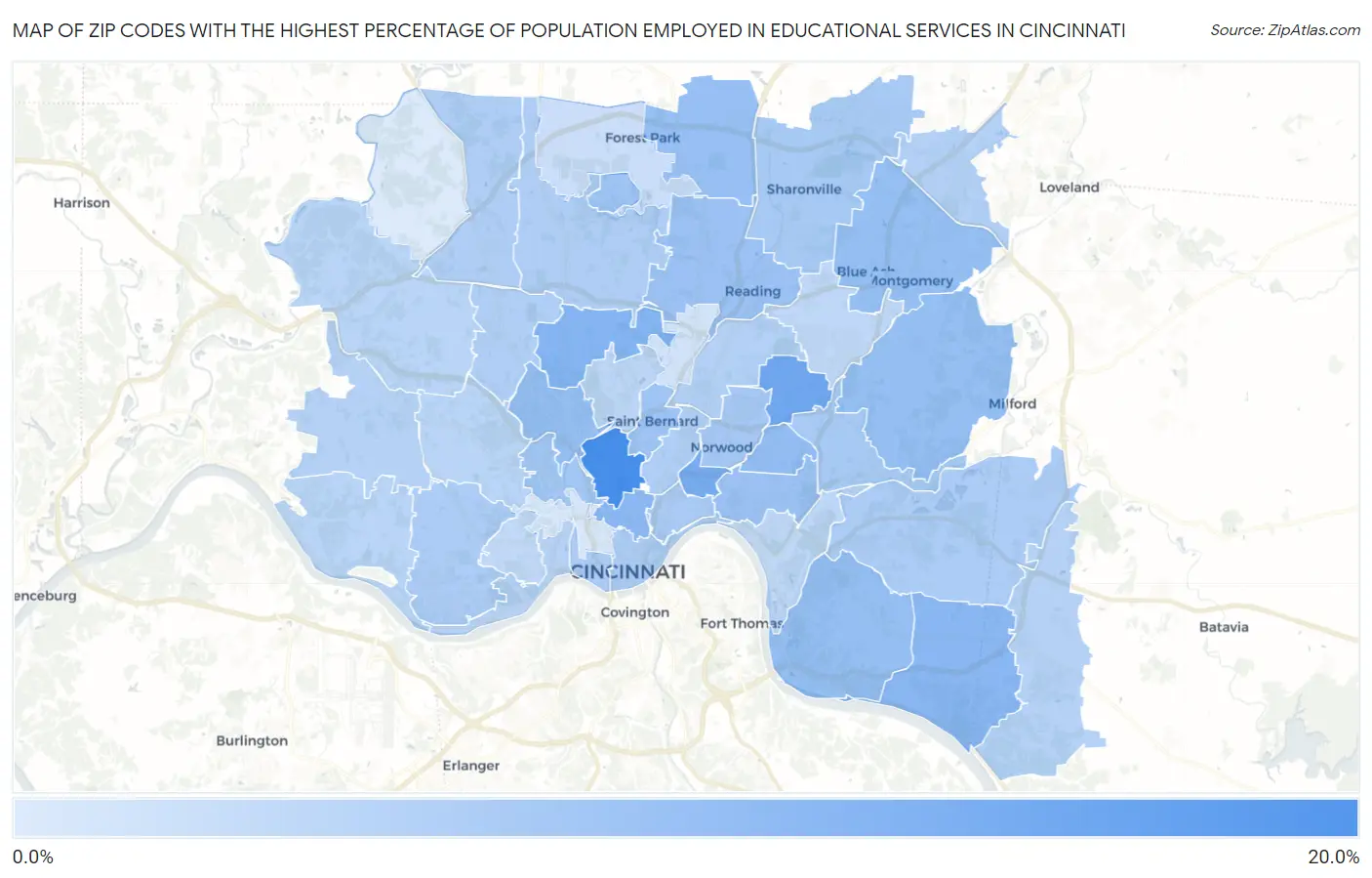 Zip Codes with the Highest Percentage of Population Employed in Educational Services in Cincinnati Map