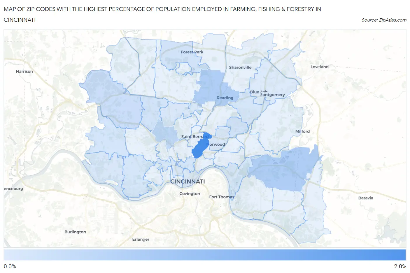 Zip Codes with the Highest Percentage of Population Employed in Farming, Fishing & Forestry in Cincinnati Map