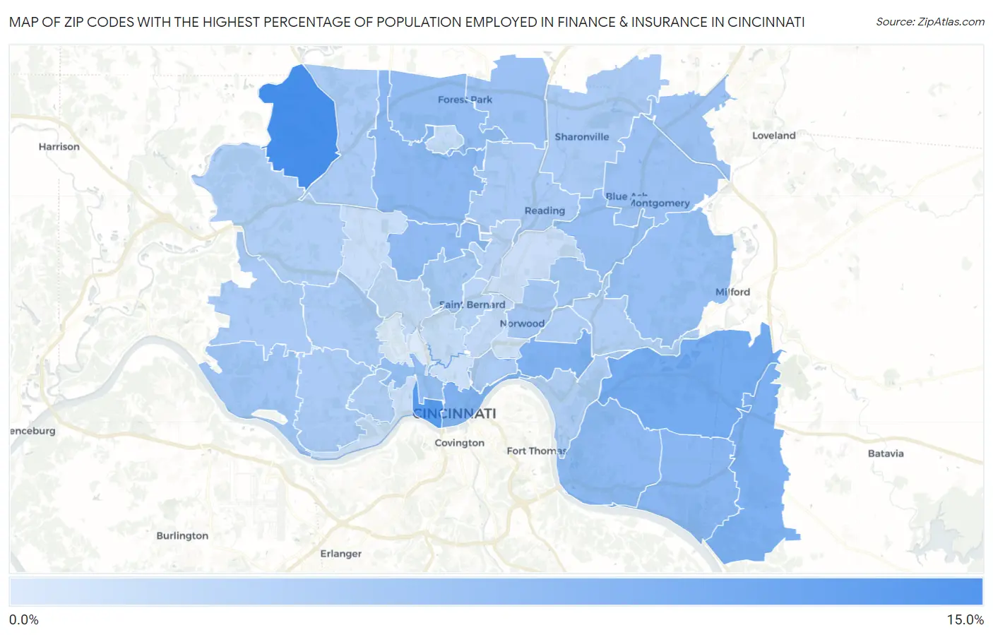 Zip Codes with the Highest Percentage of Population Employed in Finance & Insurance in Cincinnati Map