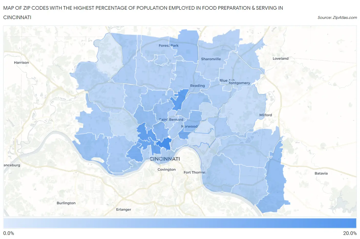 Zip Codes with the Highest Percentage of Population Employed in Food Preparation & Serving in Cincinnati Map