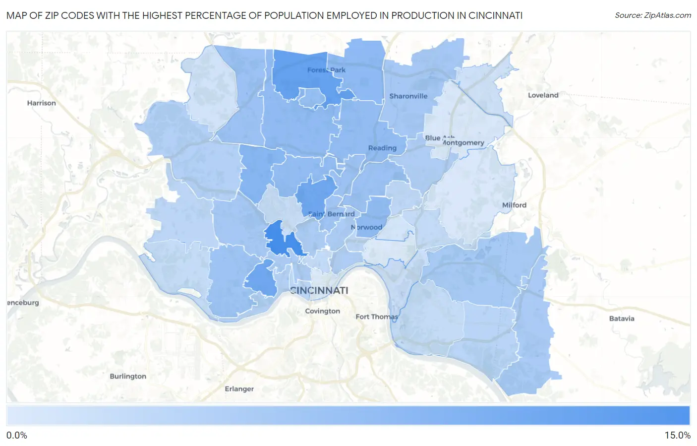 Zip Codes with the Highest Percentage of Population Employed in Production in Cincinnati Map
