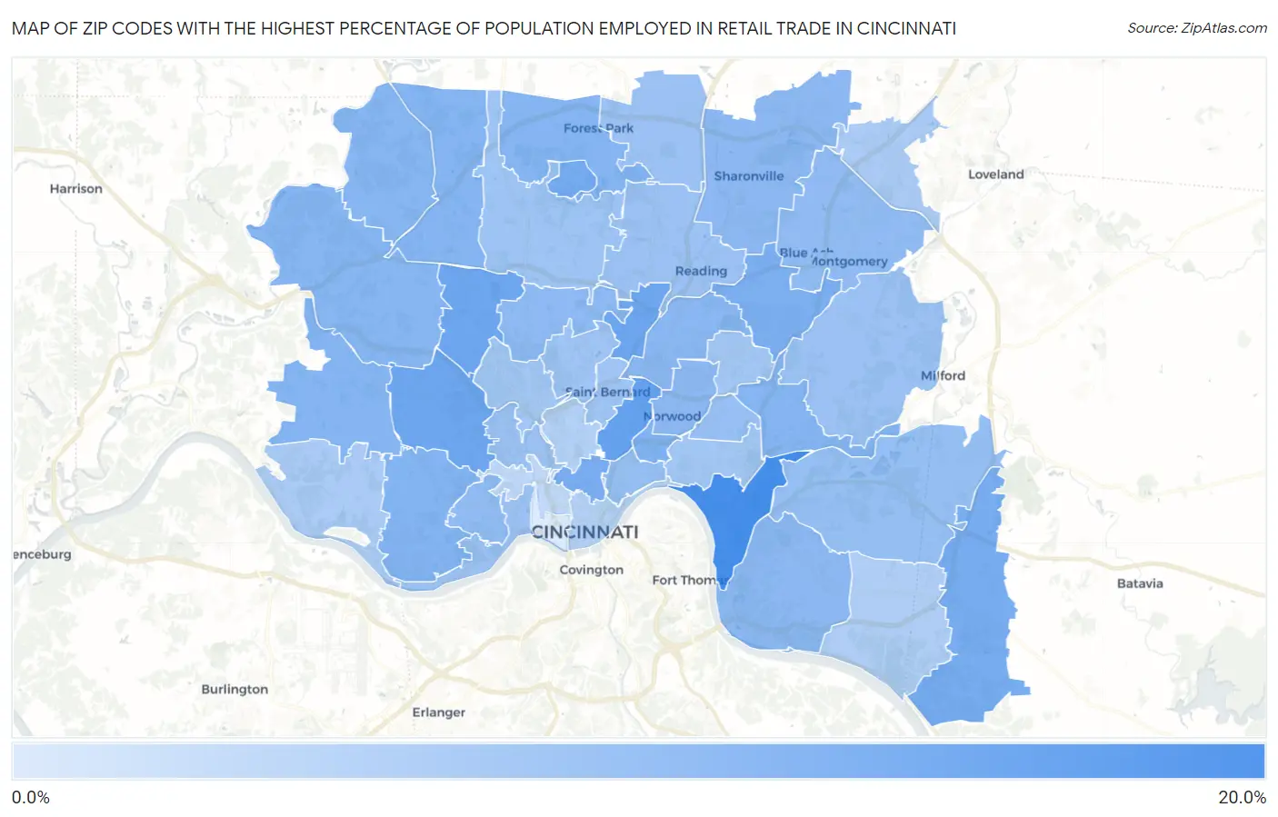 Zip Codes with the Highest Percentage of Population Employed in Retail Trade in Cincinnati Map