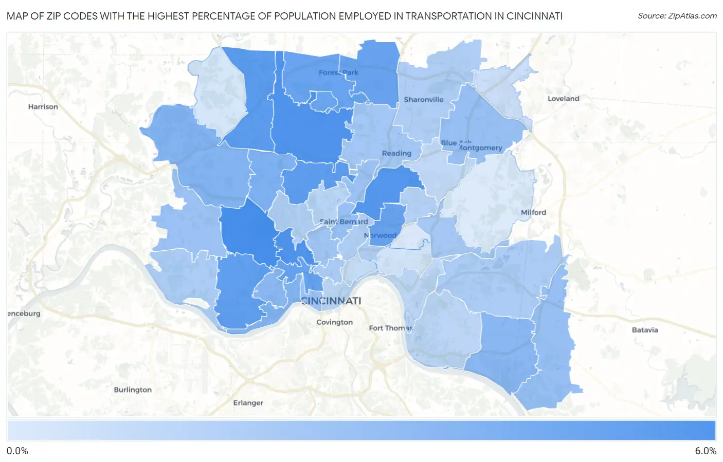 Zip Codes with the Highest Percentage of Population Employed in Transportation in Cincinnati Map