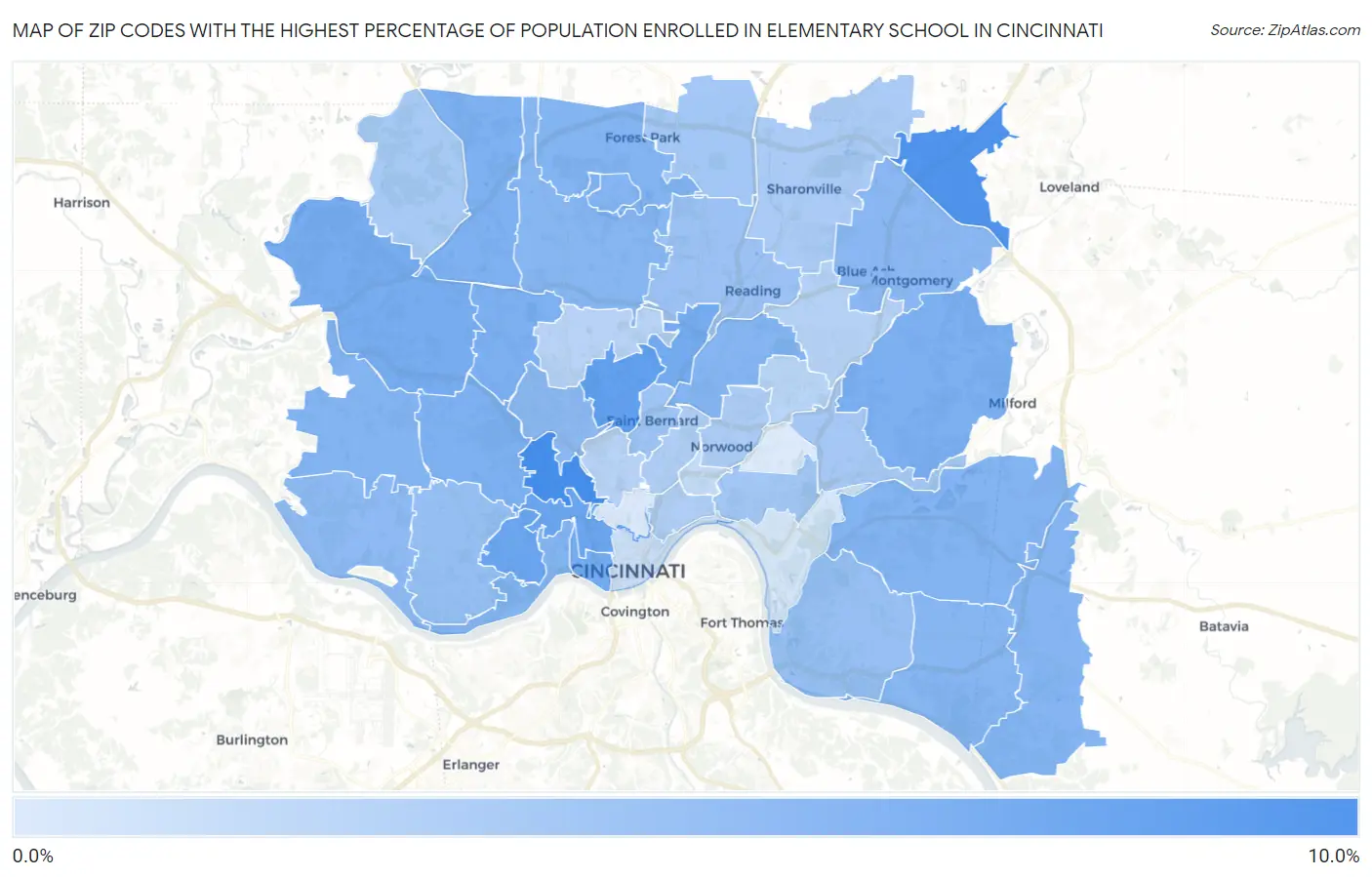 Zip Codes with the Highest Percentage of Population Enrolled in Elementary School in Cincinnati Map