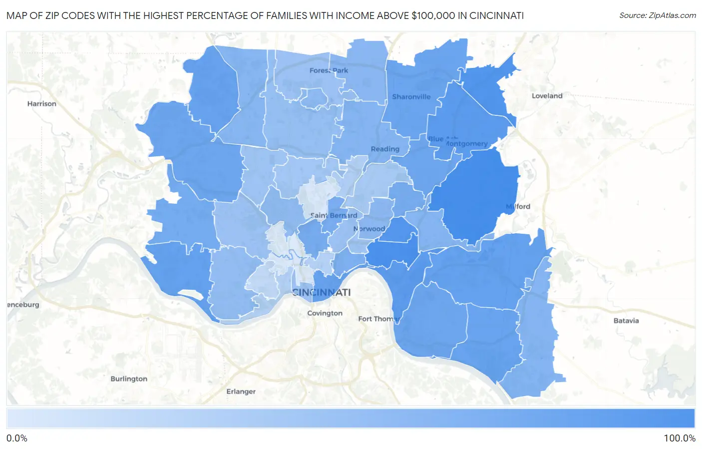 Zip Codes with the Highest Percentage of Families with Income Above $100,000 in Cincinnati Map