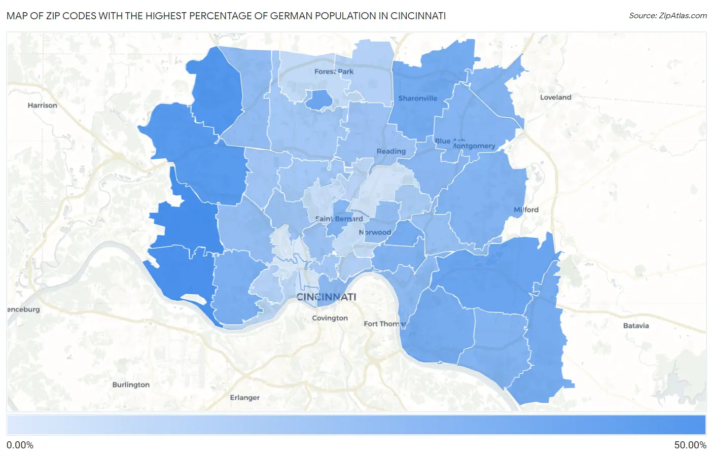 Zip Codes with the Highest Percentage of German Population in Cincinnati Map