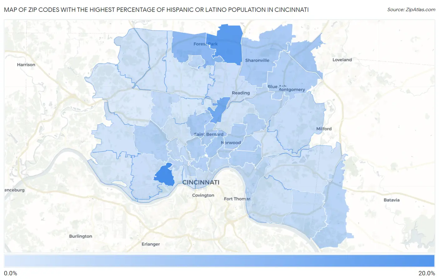 Zip Codes with the Highest Percentage of Hispanic or Latino Population in Cincinnati Map