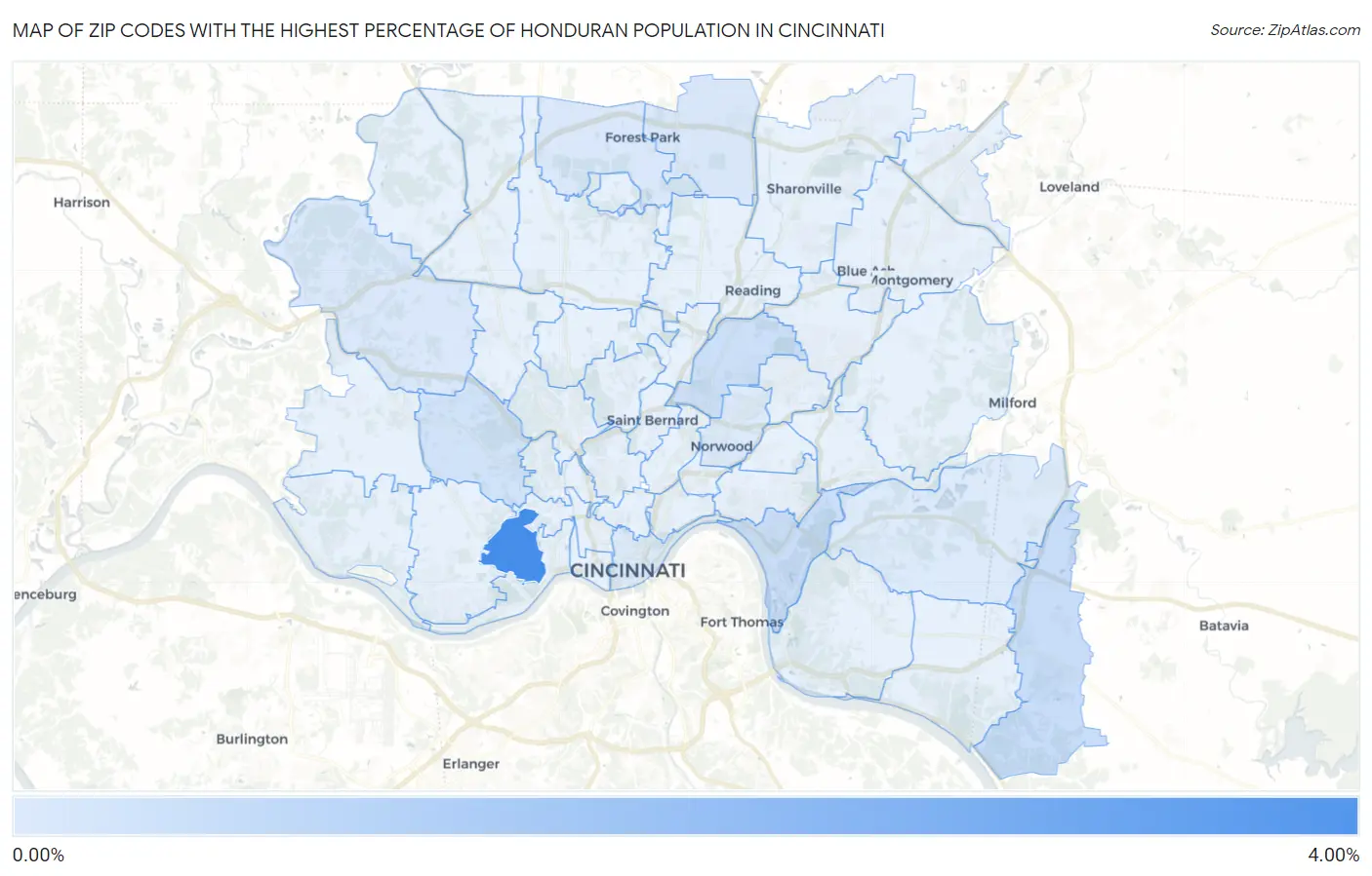 Zip Codes with the Highest Percentage of Honduran Population in Cincinnati Map