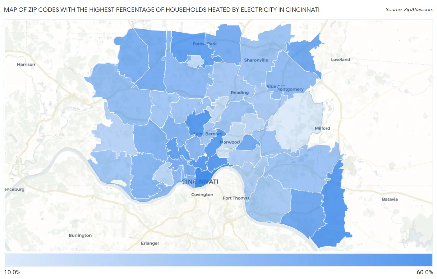 Zip Codes with the Highest Percentage of Households Heated by Electricity in Cincinnati Map