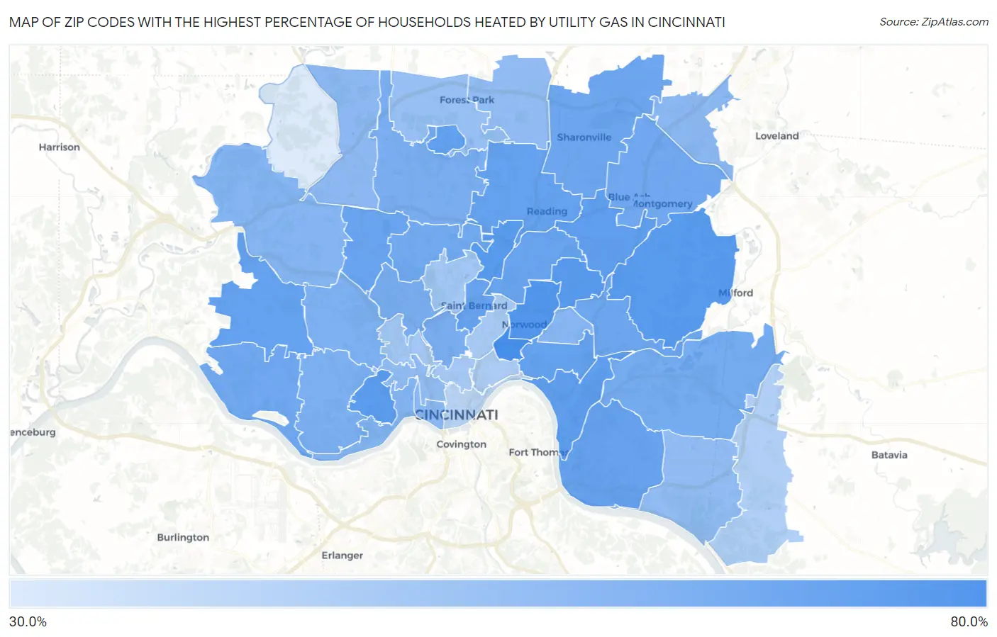 Zip Codes with the Highest Percentage of Households Heated by Utility Gas in Cincinnati Map