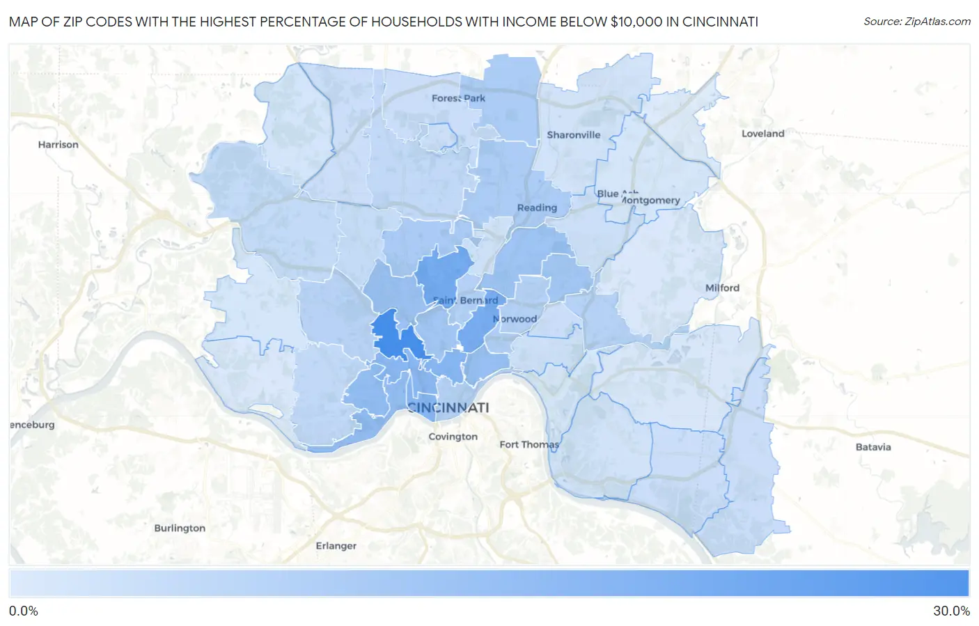 Zip Codes with the Highest Percentage of Households with Income Below $10,000 in Cincinnati Map