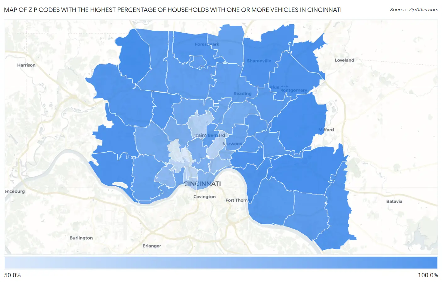 Zip Codes with the Highest Percentage of Households With One or more Vehicles in Cincinnati Map