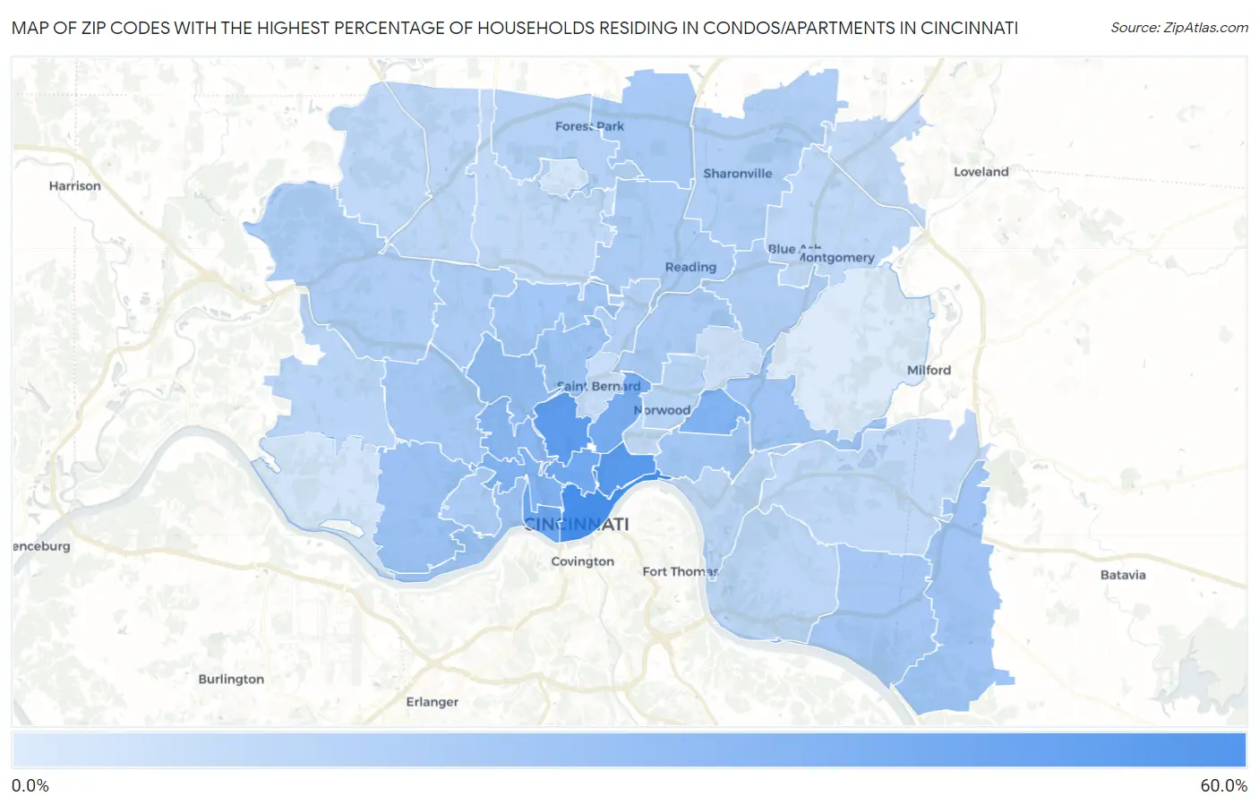 Zip Codes with the Highest Percentage of Households Residing in Condos/Apartments in Cincinnati Map