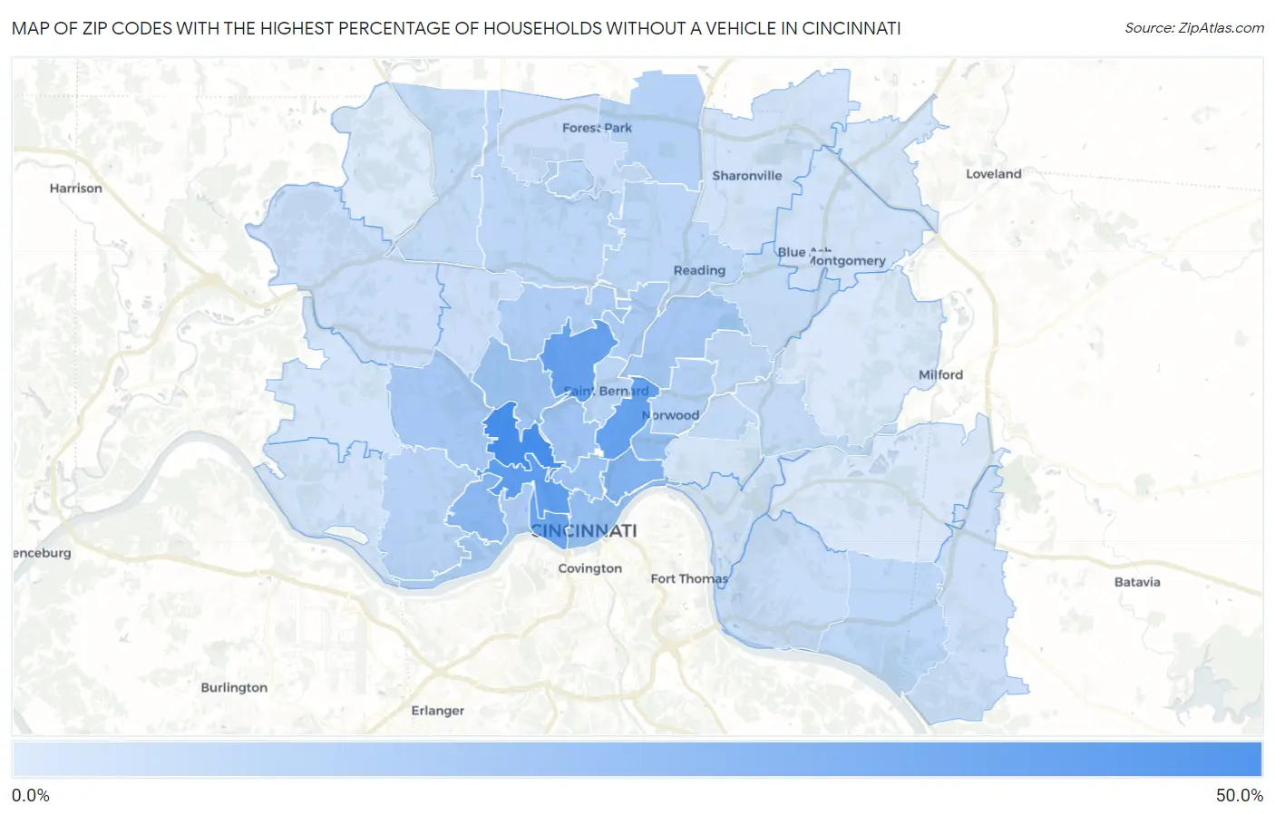 Zip Codes with the Highest Percentage of Households Without a Vehicle in Cincinnati Map