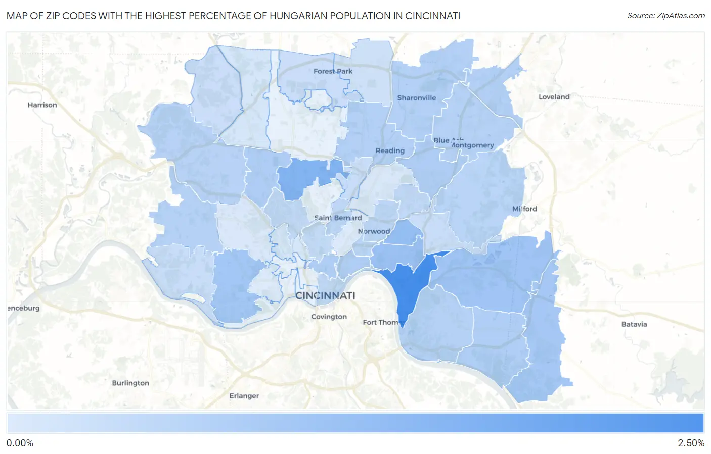 Zip Codes with the Highest Percentage of Hungarian Population in Cincinnati Map