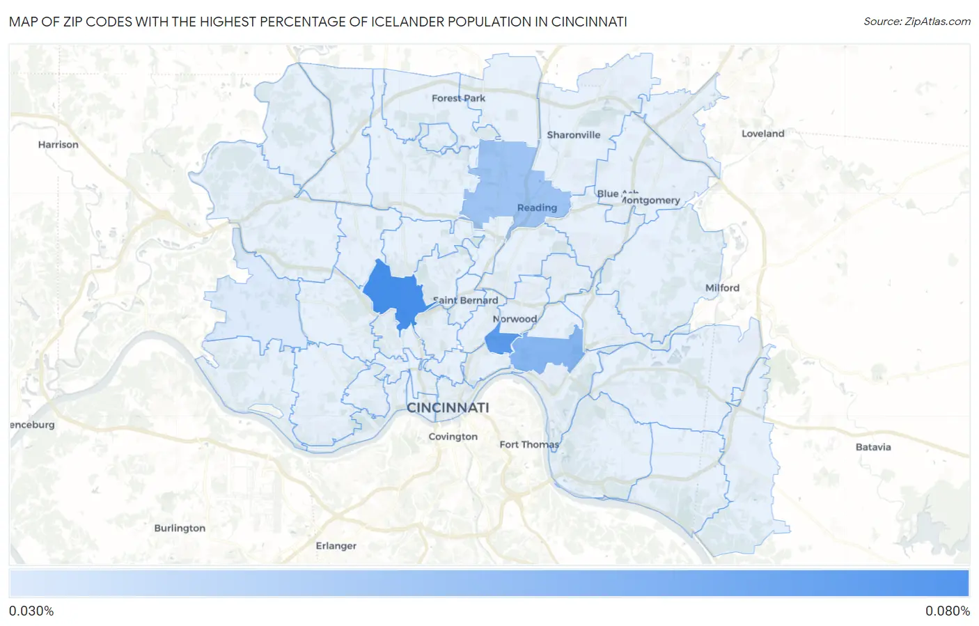 Zip Codes with the Highest Percentage of Icelander Population in Cincinnati Map