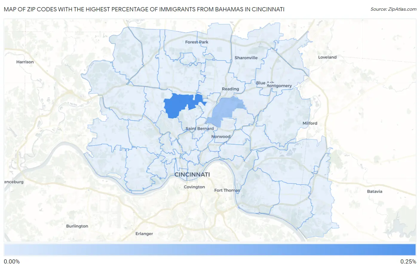 Zip Codes with the Highest Percentage of Immigrants from Bahamas in Cincinnati Map