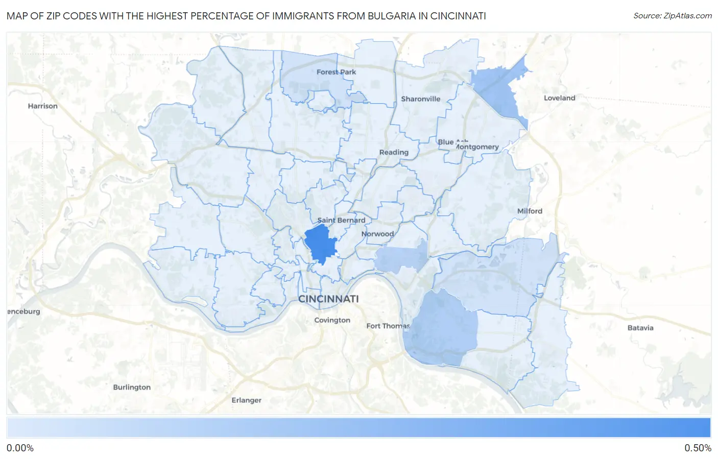 Zip Codes with the Highest Percentage of Immigrants from Bulgaria in Cincinnati Map