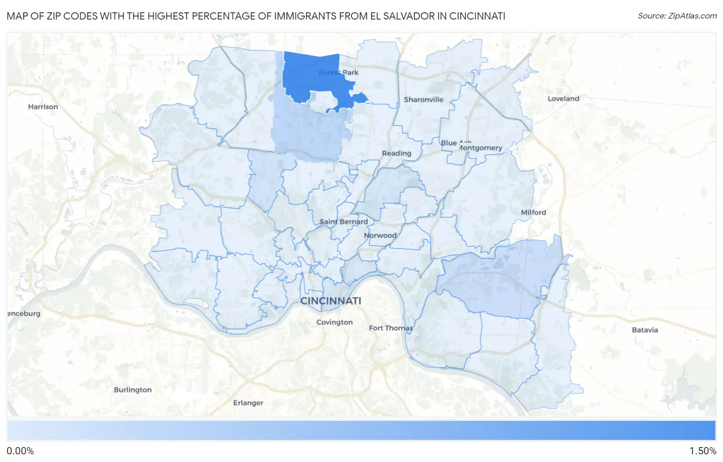 Zip Codes with the Highest Percentage of Immigrants from El Salvador in Cincinnati Map