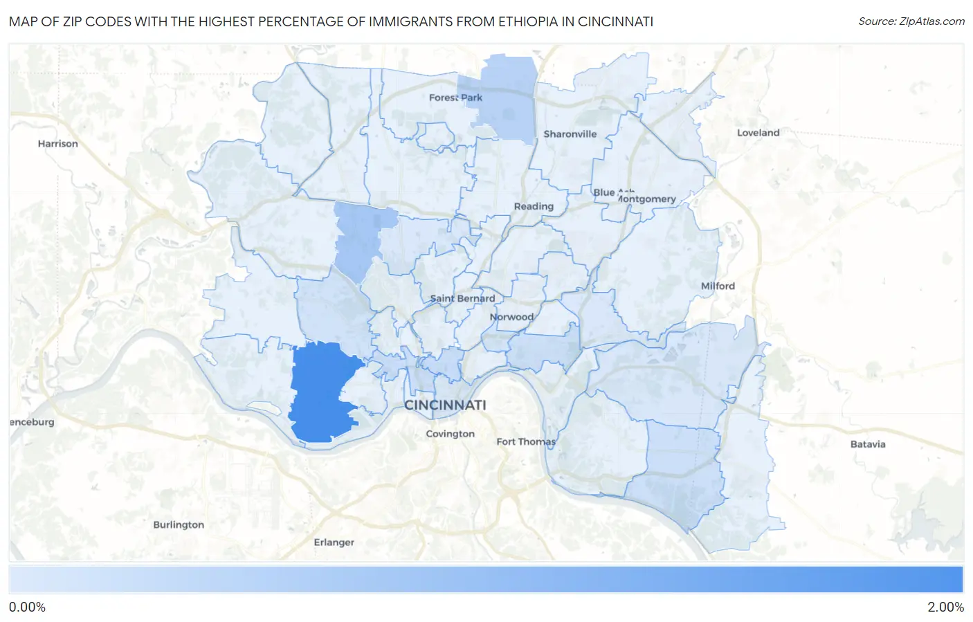 Zip Codes with the Highest Percentage of Immigrants from Ethiopia in Cincinnati Map