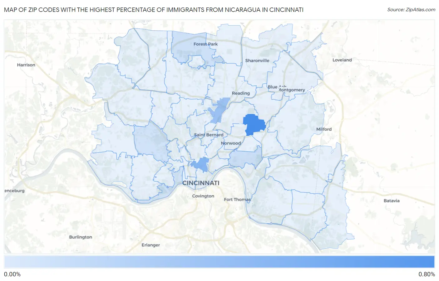 Zip Codes with the Highest Percentage of Immigrants from Nicaragua in Cincinnati Map