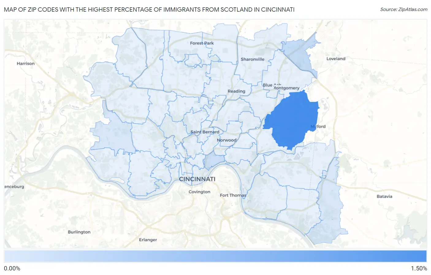 Zip Codes with the Highest Percentage of Immigrants from Scotland in Cincinnati Map