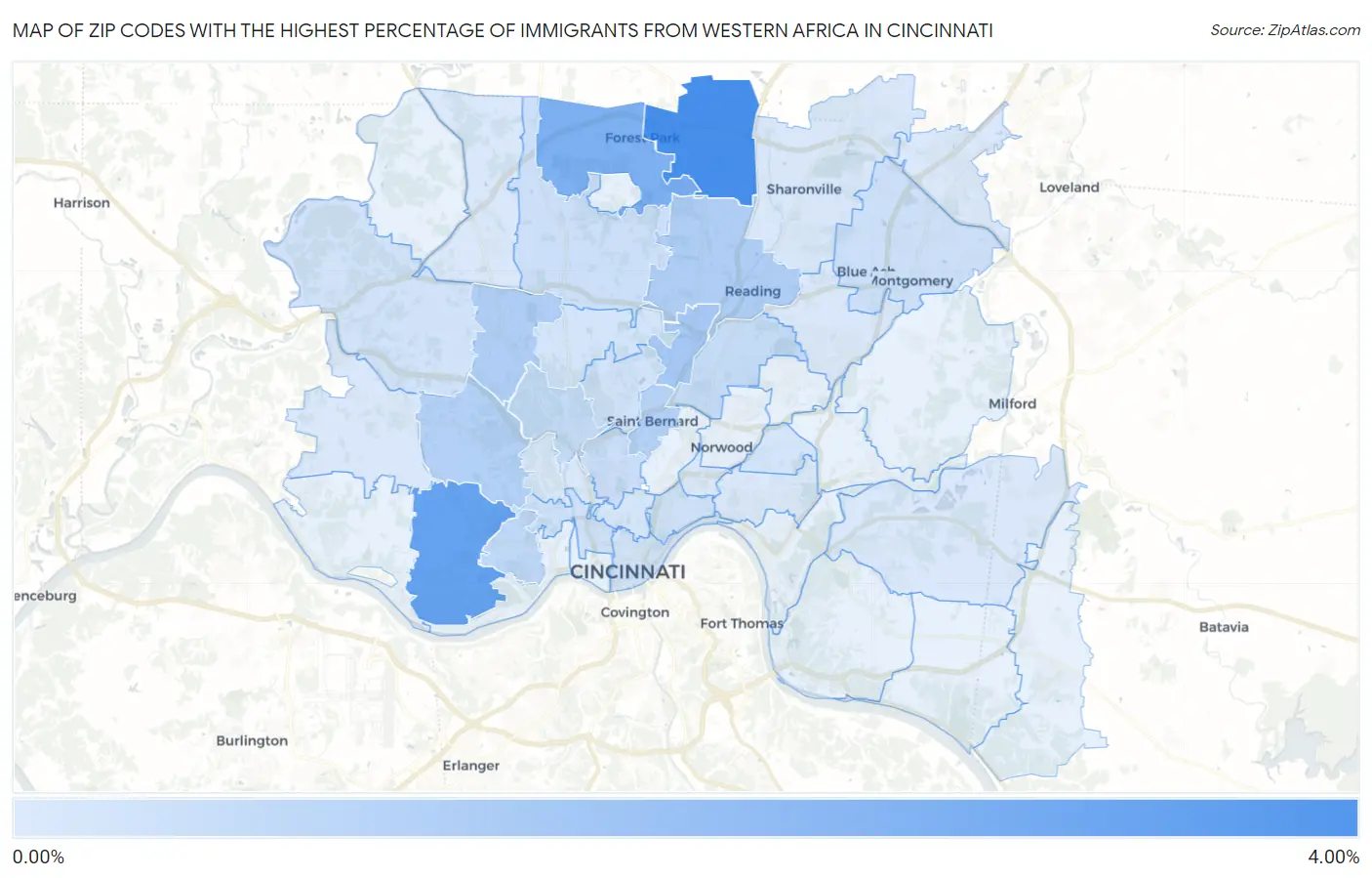 Zip Codes with the Highest Percentage of Immigrants from Western Africa in Cincinnati Map