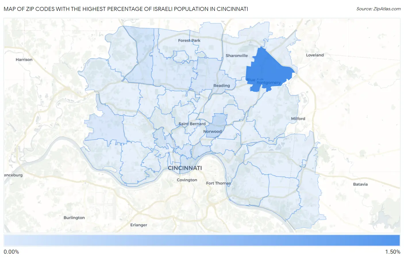 Zip Codes with the Highest Percentage of Israeli Population in Cincinnati Map