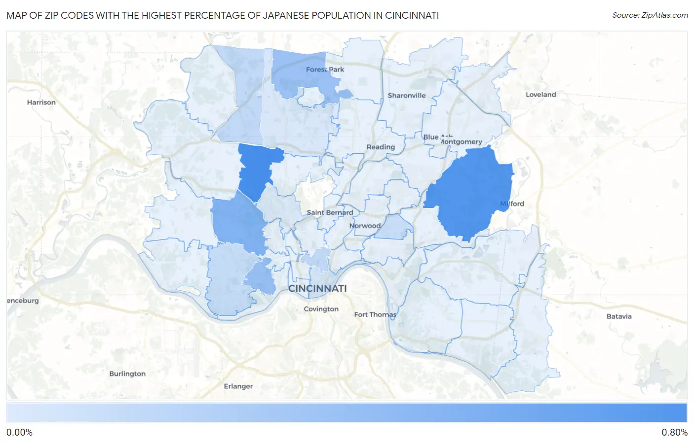 Zip Codes with the Highest Percentage of Japanese Population in Cincinnati Map