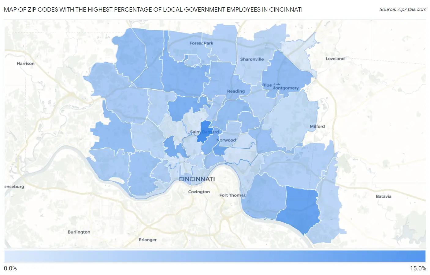 Zip Codes with the Highest Percentage of Local Government Employees in Cincinnati Map