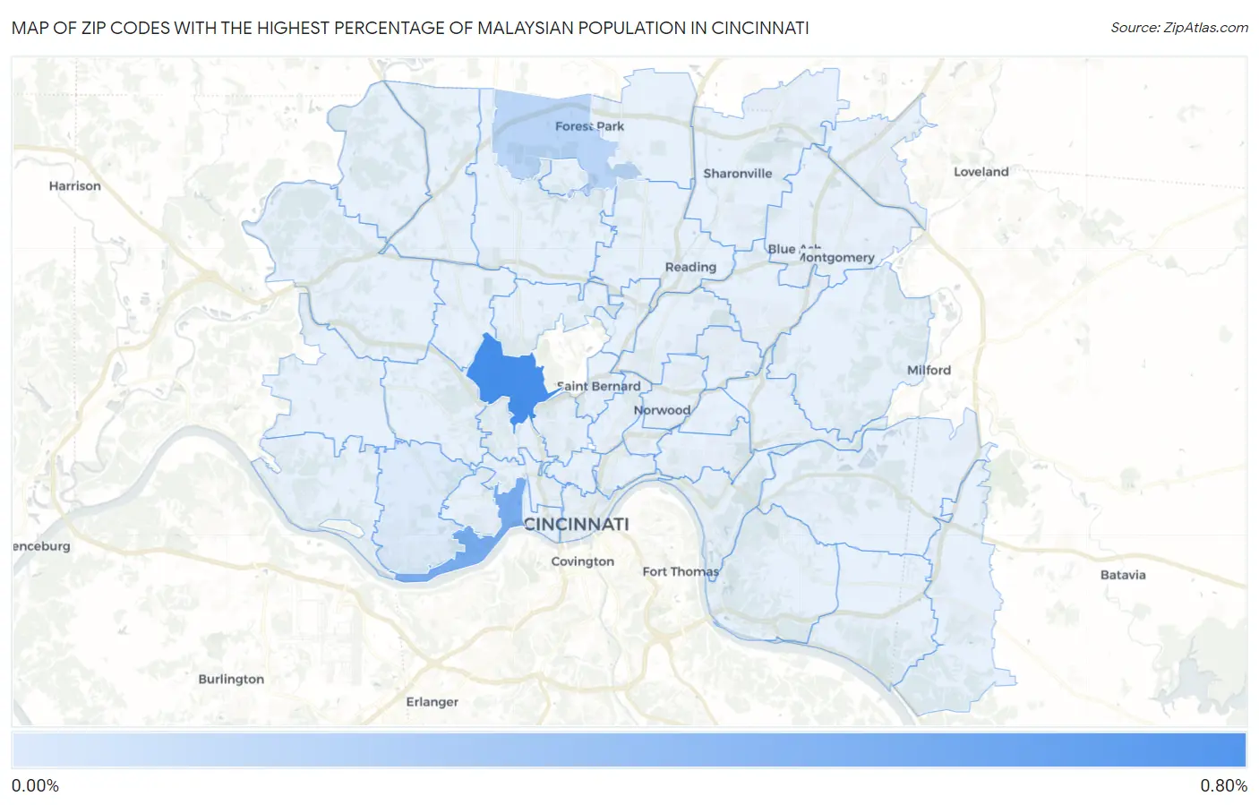 Zip Codes with the Highest Percentage of Malaysian Population in Cincinnati Map