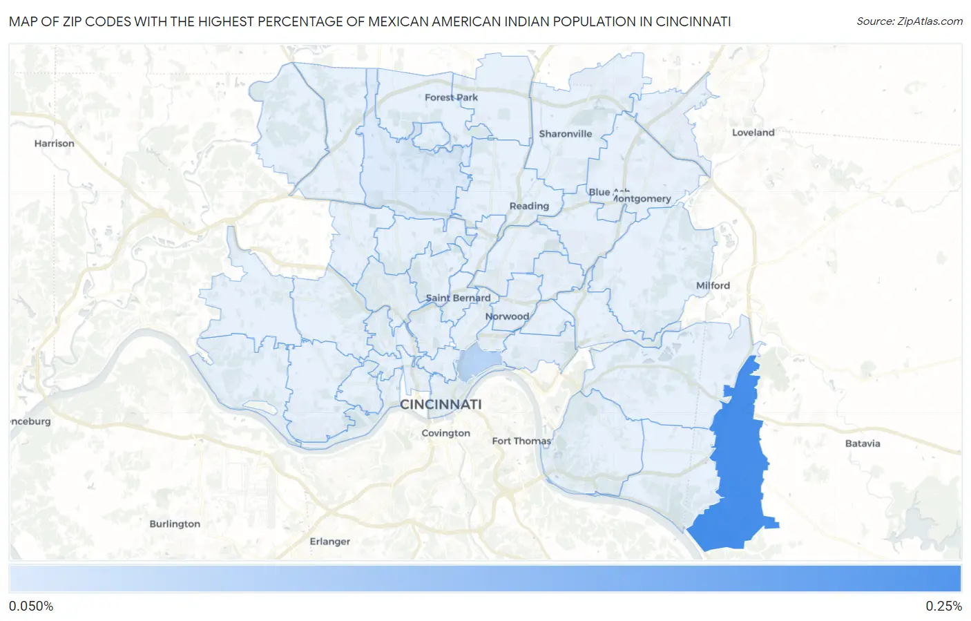 Zip Codes with the Highest Percentage of Mexican American Indian Population in Cincinnati Map