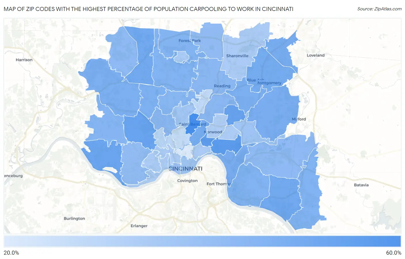 Zip Codes with the Highest Percentage of Population Carpooling to Work in Cincinnati Map