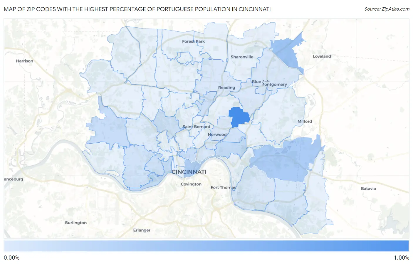 Zip Codes with the Highest Percentage of Portuguese Population in Cincinnati Map