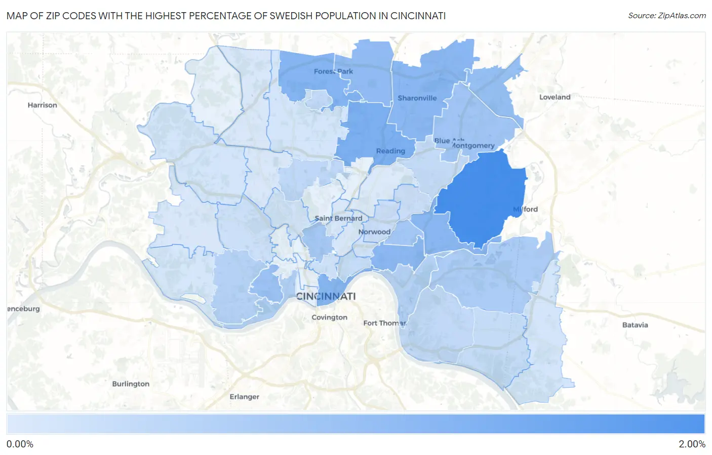 Zip Codes with the Highest Percentage of Swedish Population in Cincinnati Map