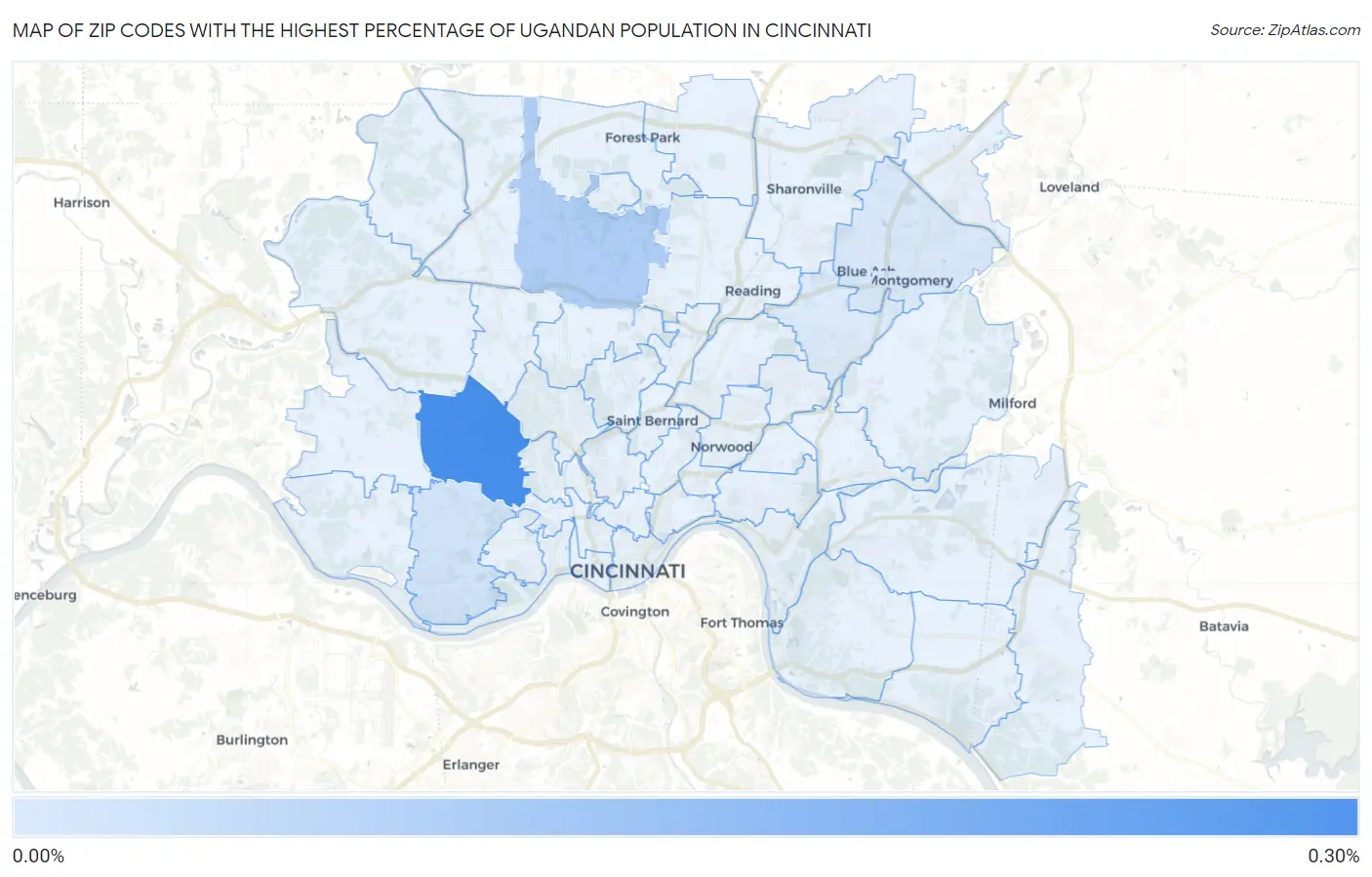 Zip Codes with the Highest Percentage of Ugandan Population in Cincinnati Map