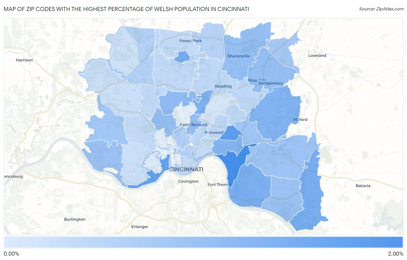 Zip Codes with the Highest Percentage of Welsh Population in Cincinnati Map