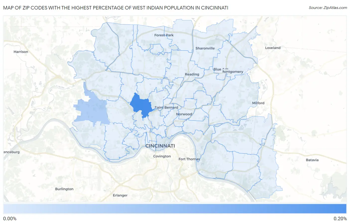 Zip Codes with the Highest Percentage of West Indian Population in Cincinnati Map